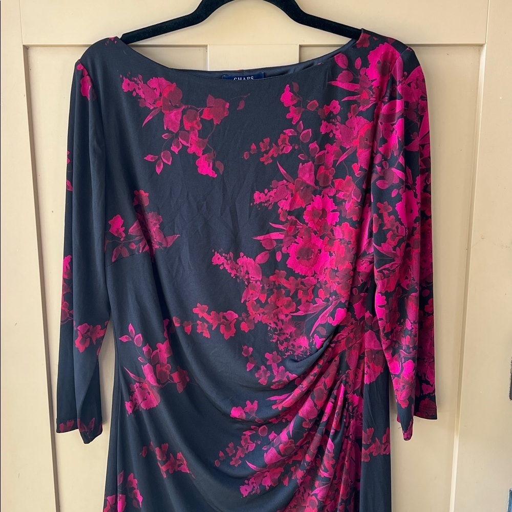 Chaps XL Black Floral Side Ruched 3/4 Sleeve Stretch Knit Midi Dress - Picture 2 of 8